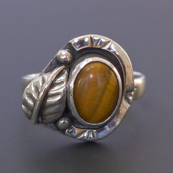 Vintage Mexico Sterling Tiger’s Eye Ring – Leaf & Bead Detail, Size 5.5 - Picture 1 of 8